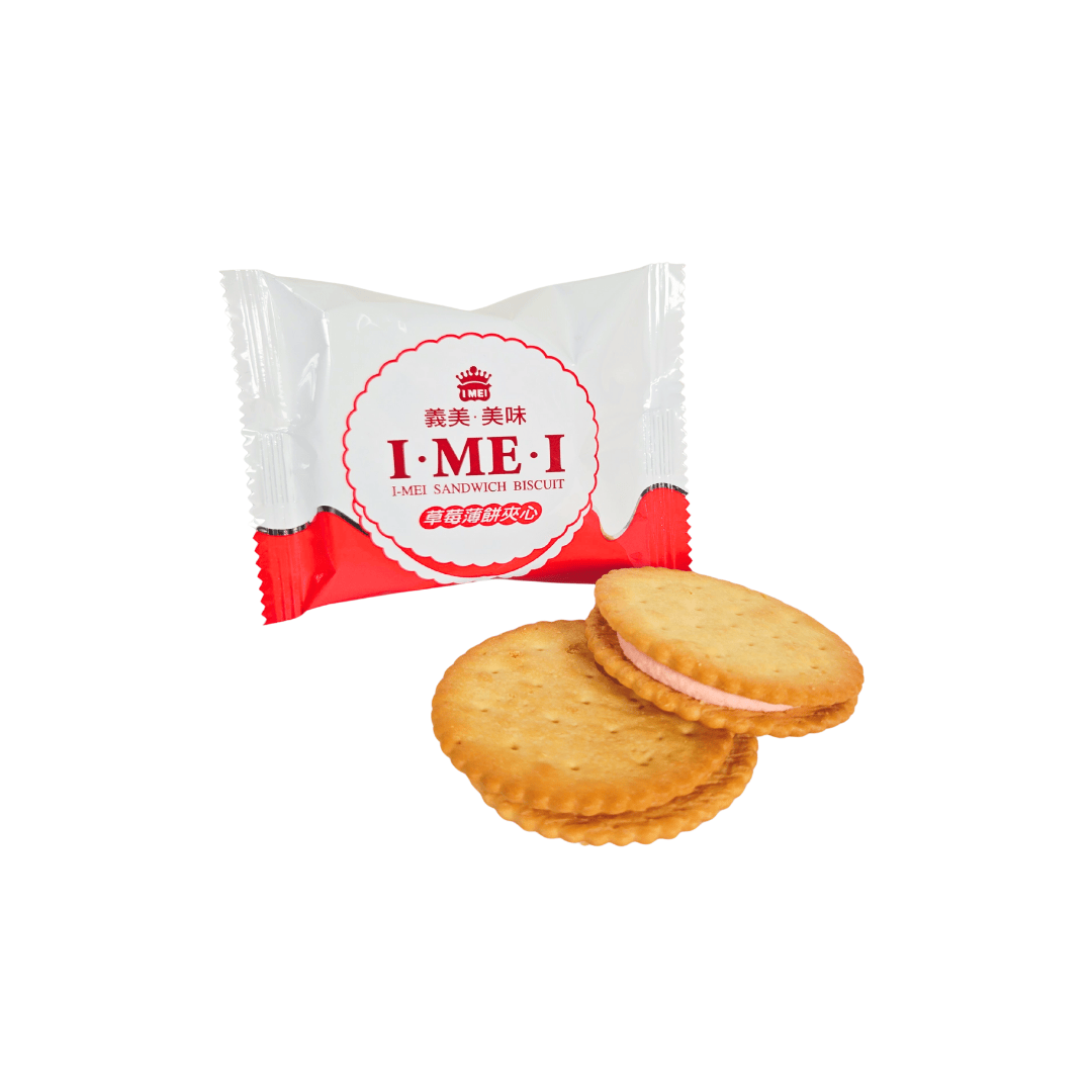 2 strawberry sandwich biscuits with white and red I Mei packaging