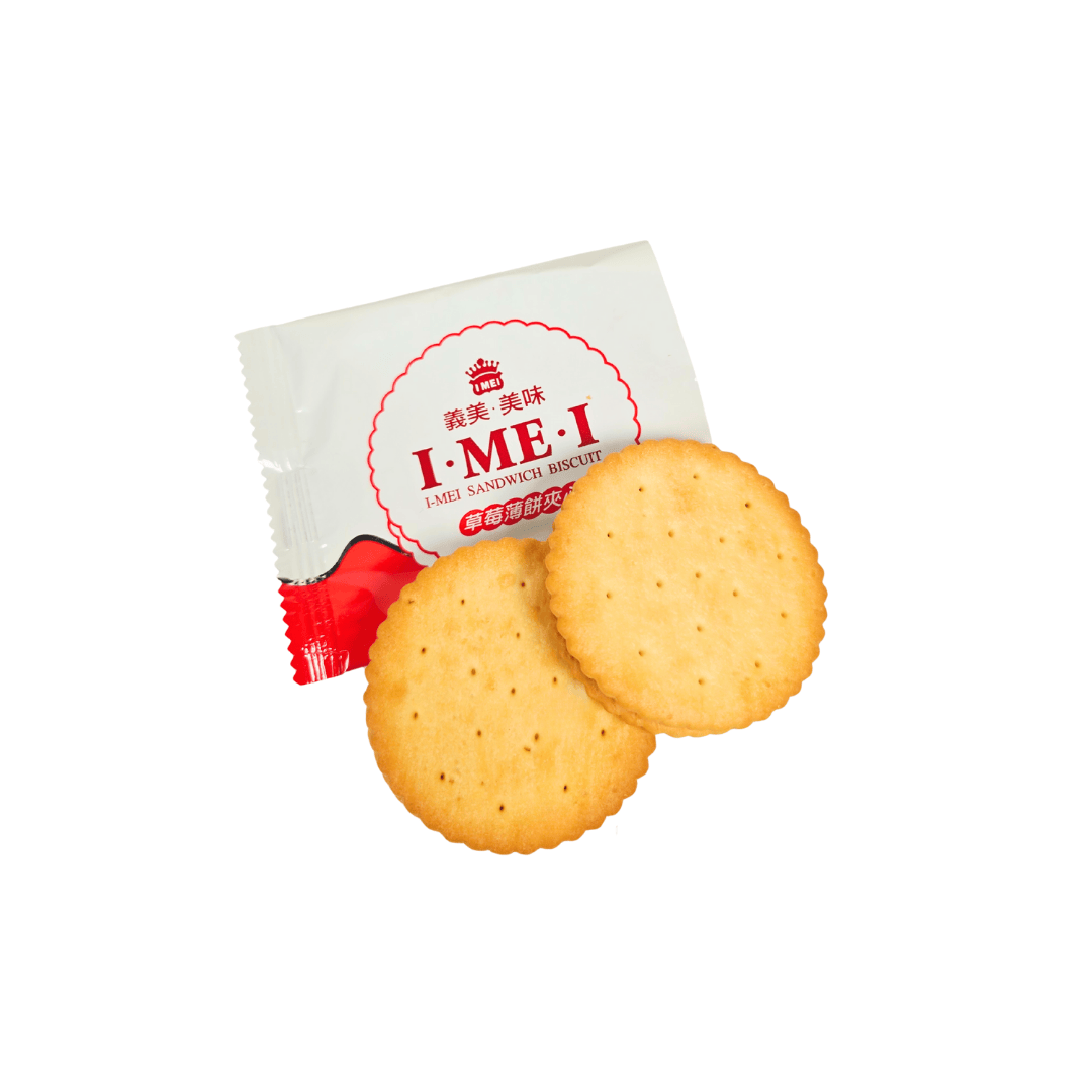 2 strawberry sandwich biscuits with white and red I Mei packaging