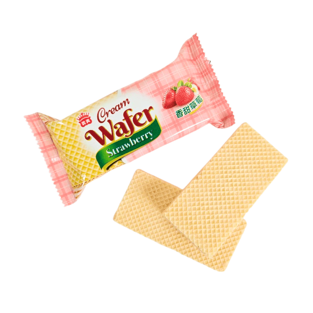Two strawberry wafers with a strawberry wafer package in the background