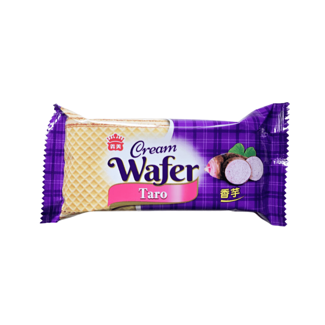 An I-Mei taro cream wafer snack wrapped in a purple package with English text "Cream Wafer Taro"