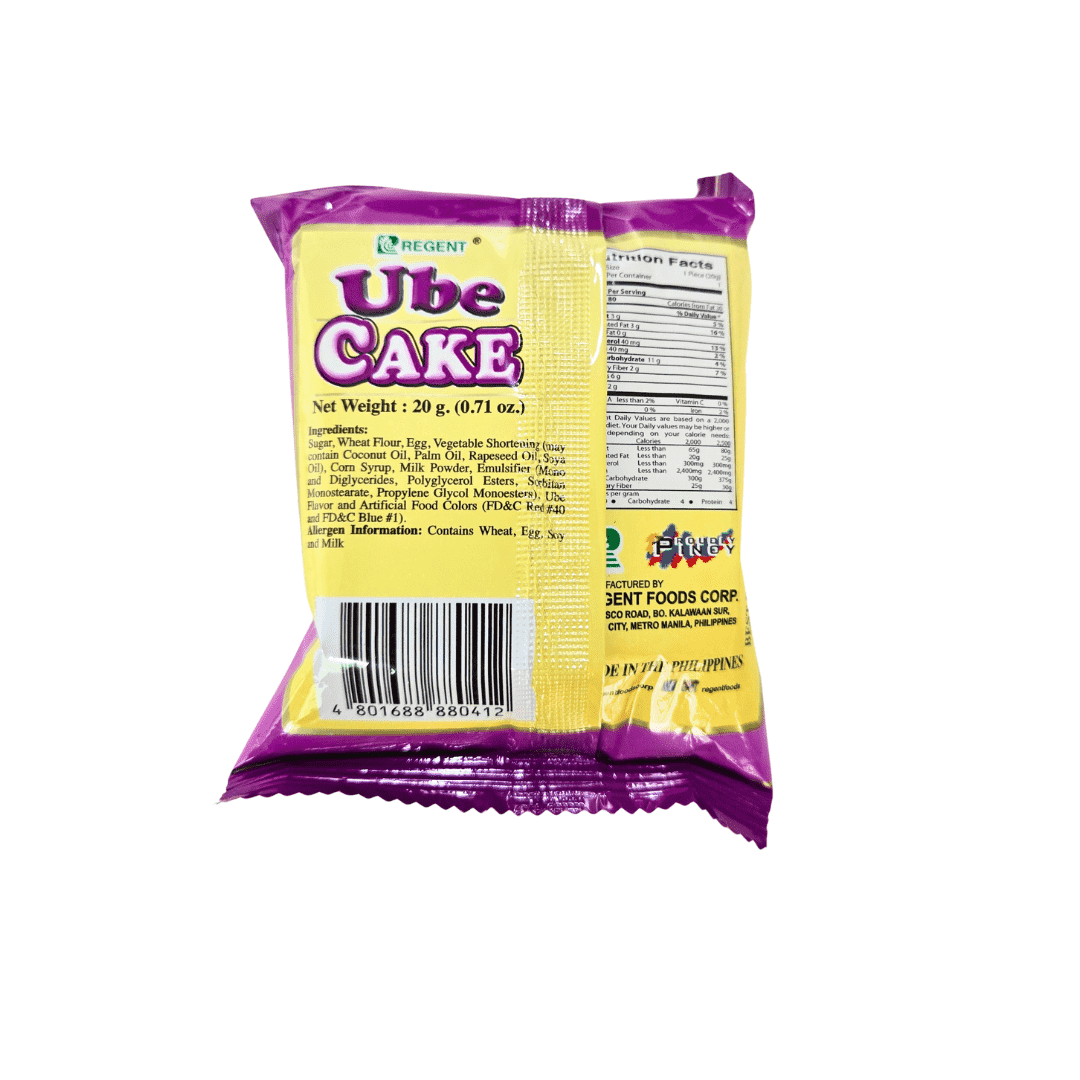 Back side of the Regent Ube Cake packaging showing the ingredients and nutrition facts.