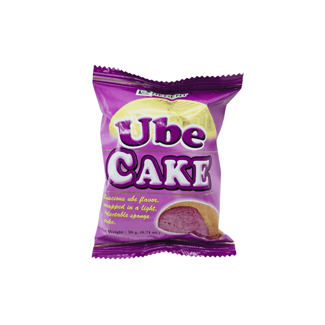 Packaging of Regent Ube Cake. The front of the package is predominantly purple and features the product name 'Ube Cake' along with a depiction of the sponge cake inside. The text describes it as having luscious ube flavor wrapped in a light, delectable sponge cake. 