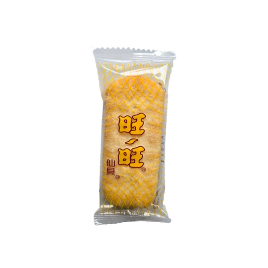 Two cylindrical Want Want Senbei rice crackers wrapped in a clear plastic package. The packaging features a yellow diamond pattern and bold Chinese "旺旺" characters in brown.